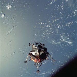 AS09-21-3183 (7 March 1969) --- A view of the Apollo 9 Lunar Module (LM) "Spider" in a lunar landing configuration, as photographed from the Command and Service Modules (CSM) on the fifth day of the Apollo 9 Earth-orbital mission. The landing gear on the "Spider" has been deployed. Lunar surface probes (sensors) extend out from the landing gear foot pads. Inside the "Spider" were astronauts James A. McDivitt, Apollo 9 commander; and Russell L. Schweickart, lunar module pilot. Astronaut David R. Scott, command module pilot, remained at the controls in the Command Module (CM), "Gumdrop," while the other two astronauts checked out the LM. Schweickart, lunar module pilot, is photographed from the CM "Gumdrop" during his extravehicular activity (EVA) on the fourth day of the Apollo 9 Earth-orbital mission. The CSM is docked with the LM. Astronaut James A. McDivitt, Apollo 9 commander, was inside the LM "Spider." Astronaut David R. Scott, command module pilot, remained at the controls in the CM.